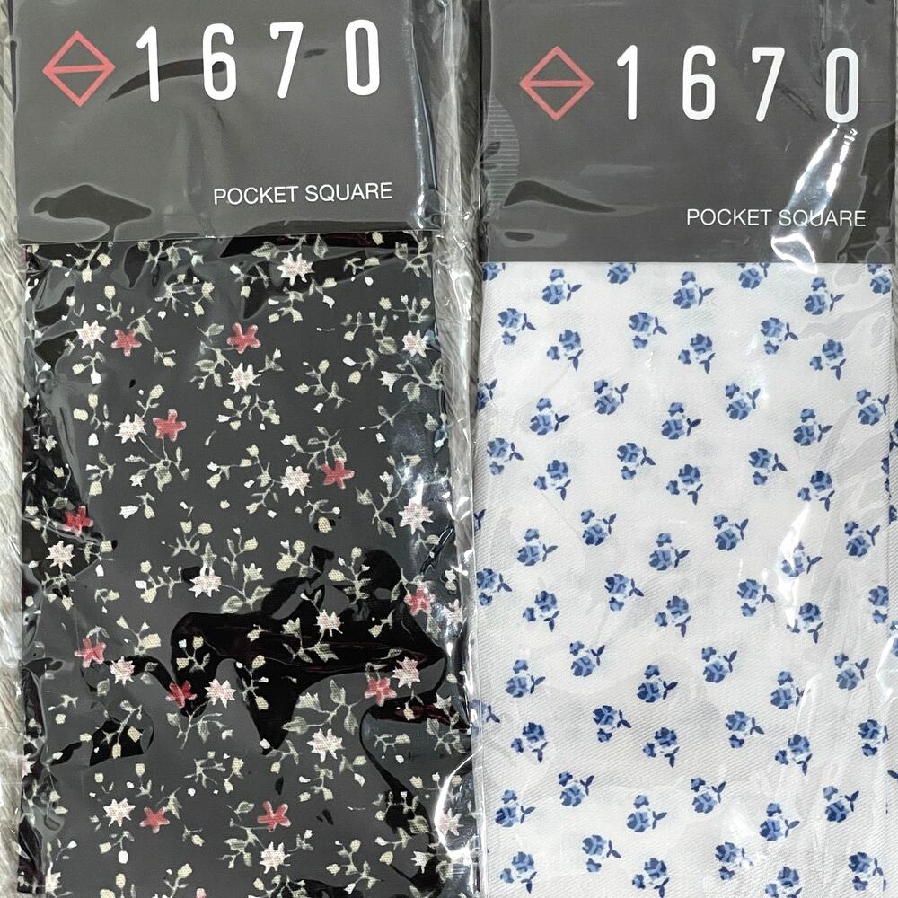 2pc Set 1670 Cotton Pocket Square - Black Mini Floral - White Blue Floral - $30